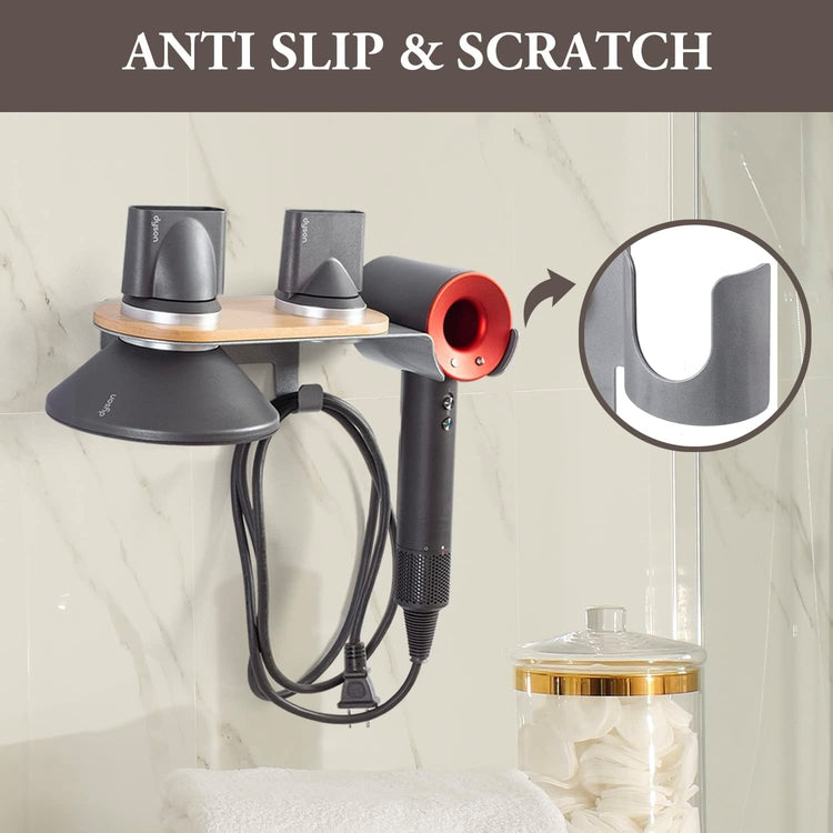 Wall Mounted Storage Holder for Dyson Hair Dryer and Accessories, Beech Wood and Aluminum Hair Dryer Tool Rack-MyGift