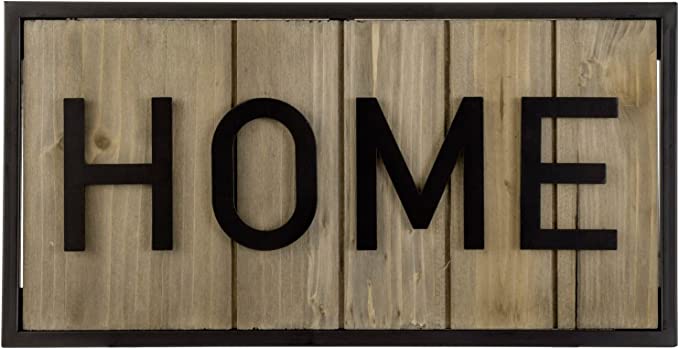 Hanging Entryway Décor, Home Cutout Lettering Sign Weathered Brown Wood and Matte Black Metal-MyGift