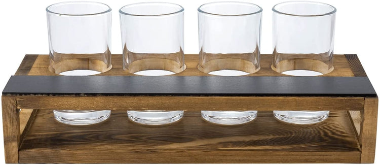 Set of 2, Dark Brown Burnt Wood Sampler Tray Beer Flight Holder Serving Set with 4 Glasses and Erasable Chalkboard Label-MyGift