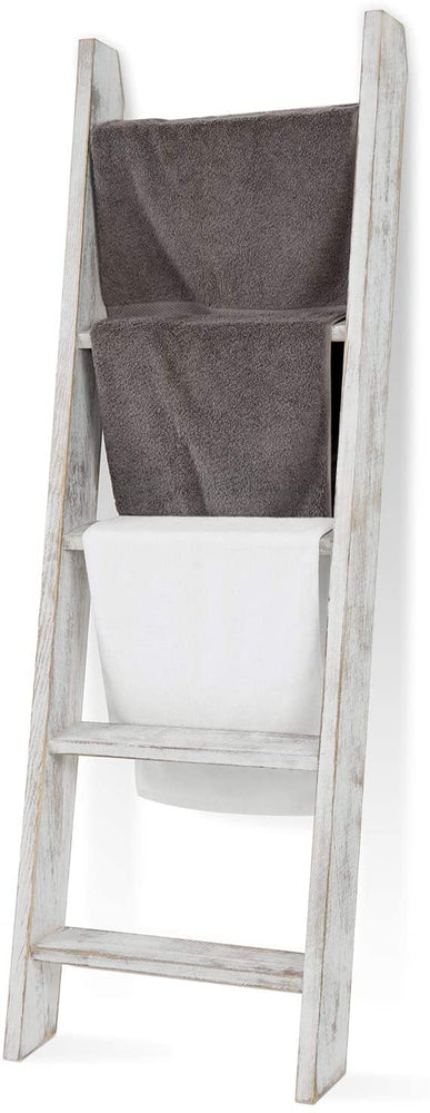 Whitewashed Wood Wall Leaning Towel & Blanket Ladder Rack-MyGift