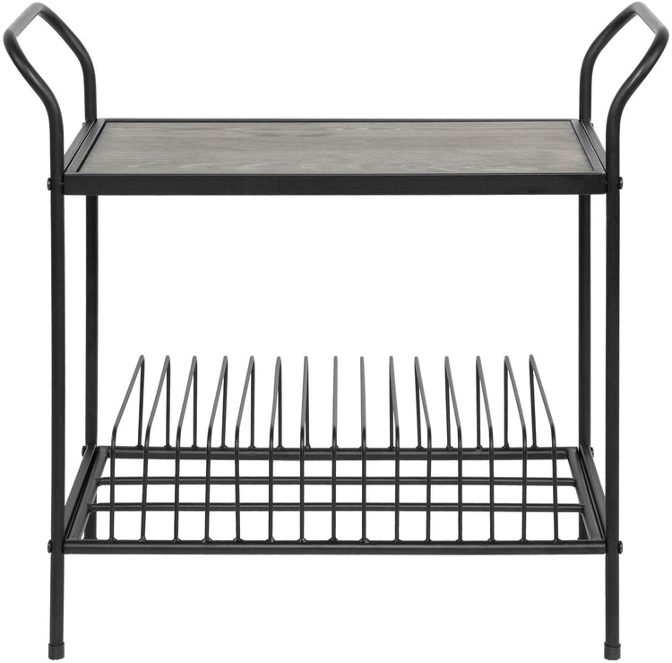 2-Tier Gray Wood & Black Metal Turntable Stand w/ 14 Slot Record Storage-MyGift