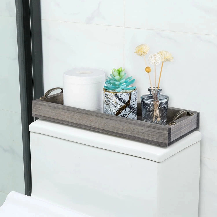 16 Inch Gray Wood Toilet Tank Tray Organizer, Bathroom Vanity Rectangular Tray with Antique Brass Tone Metal Handles-MyGift