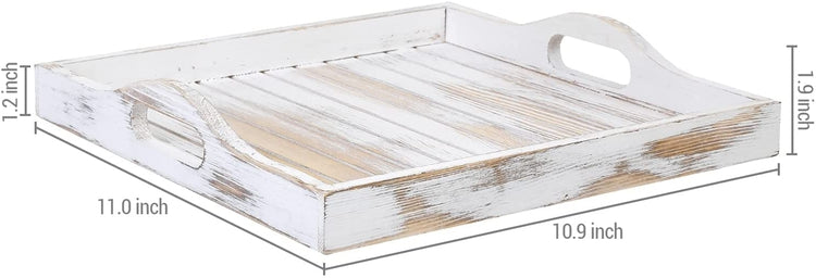 Set of 2, Whitewashed Wood Large Serving Tray with Handles, 11 X 11 Square Slatted Breakfast Ottoman Coffee Table Tray-MyGift