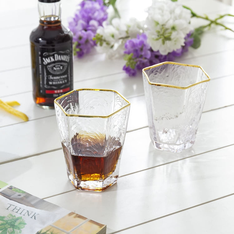 Set of 4, Low-Ball Cocktail Glasses, Ripple Pattern Hexagon Gold Rimmed Old-Fashioned Drinkware Glasses-MyGift