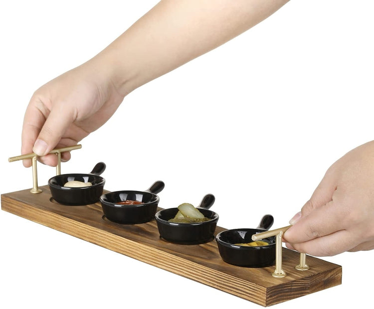 Burnt Wood Serving Tray with Brass Tone Handles and 4 Mini Black Ceramic Handled Bowls for Appetizers and Amuse Bouche-MyGift