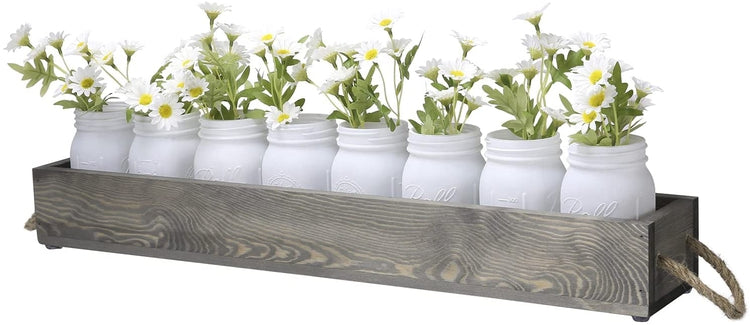 8 White Mason Jar Vases in 27-Inch Long Gray Wood Centerpiece Planter Box with Rope Handles-MyGift