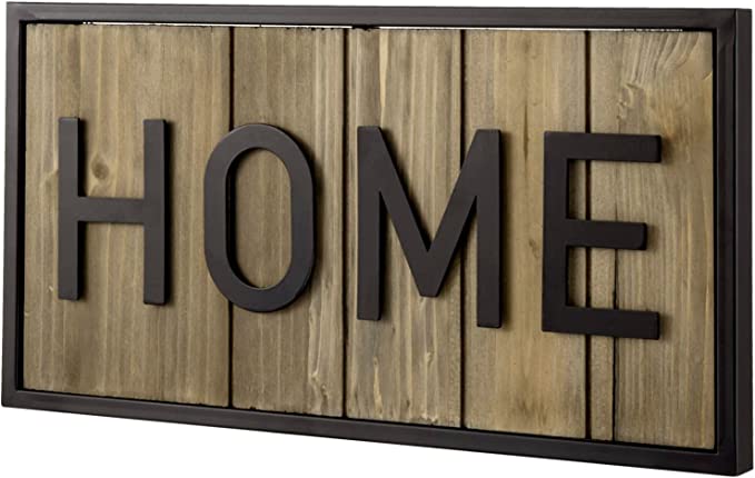 Hanging Entryway Décor, Home Cutout Lettering Sign Weathered Brown Wood and Matte Black Metal-MyGift