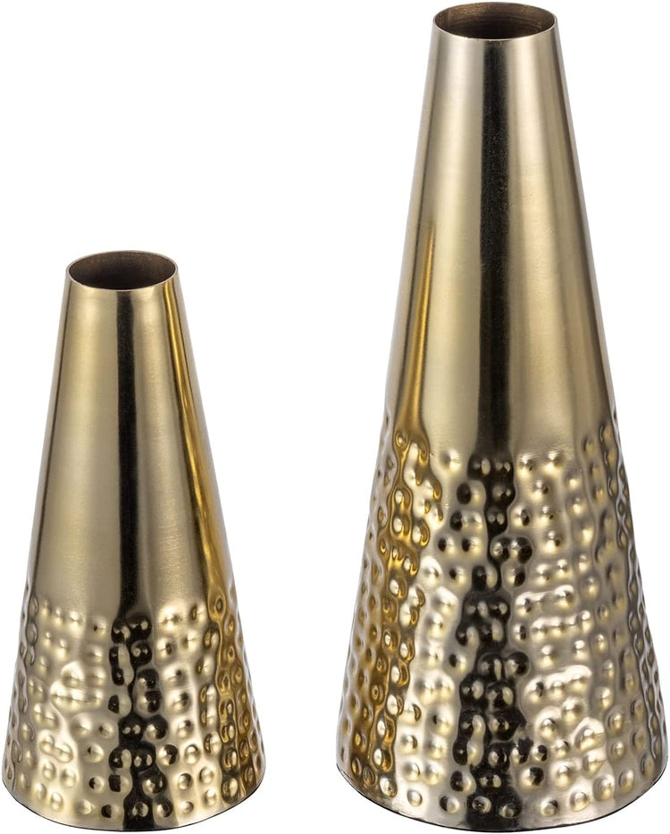 7 and 10.5 Inch Brass Tone Metal Tapered Flower Vases with Hammered Pattern, Vase for Floral Arrangements-MyGift