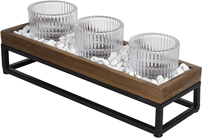 Burnt Wood & Black Metal Tabletop Candle Holder Set Includes Ribbed Clear Tealight Cups & White Stone Filler-MyGift