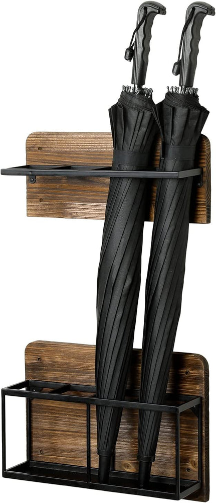Burnt Wood and Black Metal Wall Mounted Umbrella Holder Storage Rack, 2 Piece Set-MyGift