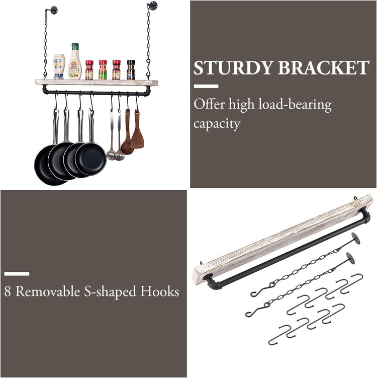 Ceiling Mounted Pot Rack with Industrial Matte Black Metal Pipe and Whitewashed Wood, Hanging Pots and Pan Organizer-MyGift