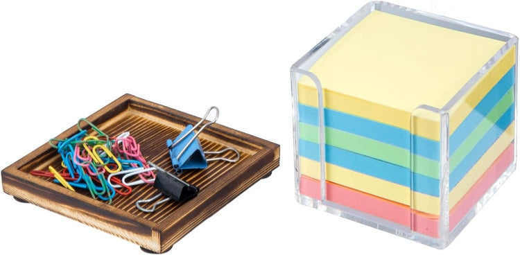 Desktop Clear Acrylic Sticky Note Holder, Memo Pad Storage with Removable Rustic Burnt Solid Wood Tray-MyGift