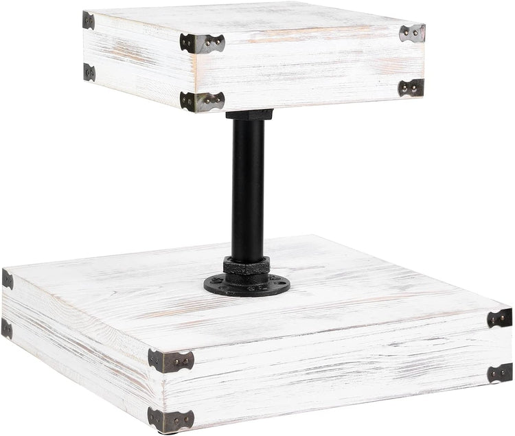 2 Tier Whitewashed Wood Cupcake Stand, Square Wood Tiered Dessert Stands with Industrial Pipe and Metal Corner Accents-MyGift