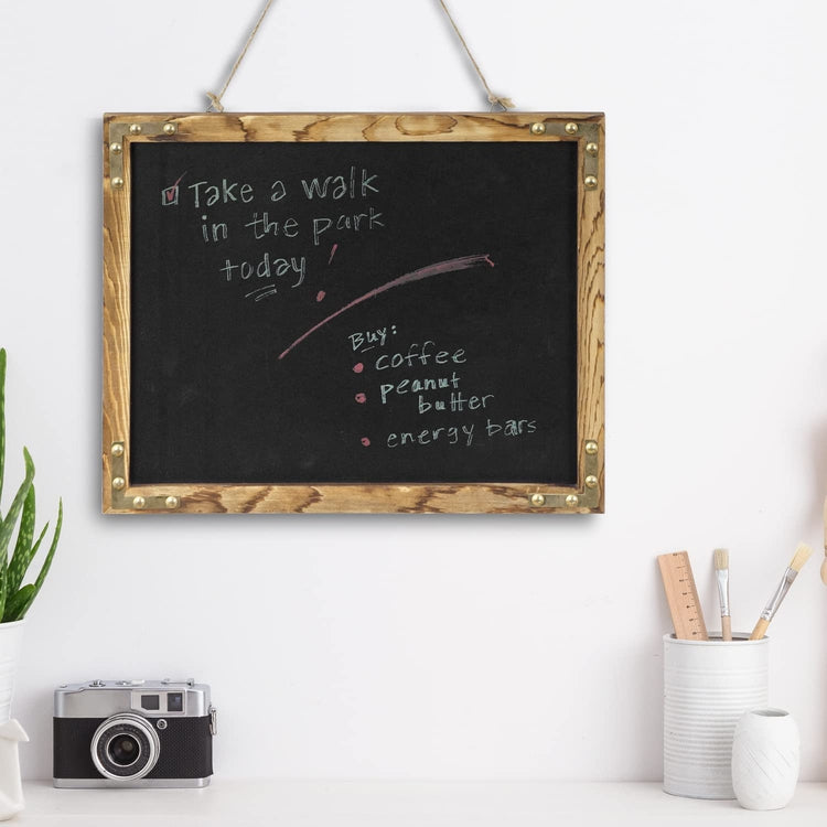Wall Mounted Burnt Wood Framed Chalkboard with Hanging Rope, Decorative Chalk Message Board with Metal Corner Brackets-MyGift