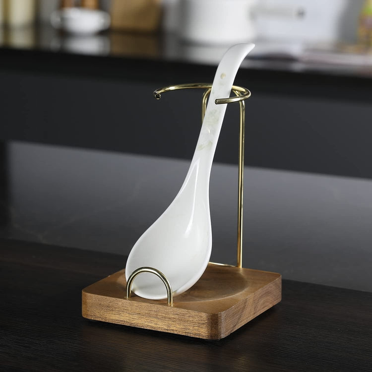Upright Spoon Rest, Acacia Wood and Brass Tone Metal Wire Vertical Standing Ladle Holder-MyGift