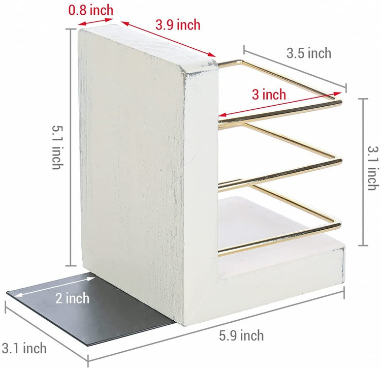White Wood Decorative Bookends, L-Shaped Book Stands with Gold Tone Metal Wire Pen Holder Stationery Storage Baskets-MyGift