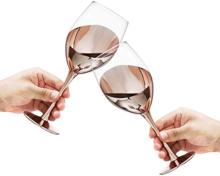 Set of 6, 14 oz Copper-Toned Stemmed Wine Glasses with Tilted Design-MyGift