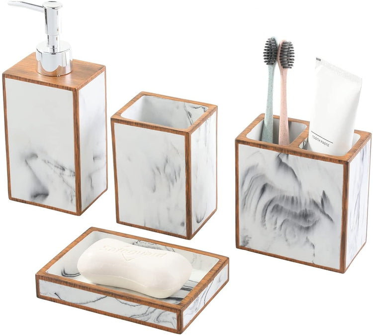 Marble Style, Dark Wood Rectangular Bathroom Accessories Set with Pump Dispenser, Tumbler, Toothbrush Holder, Soap Dish-MyGift