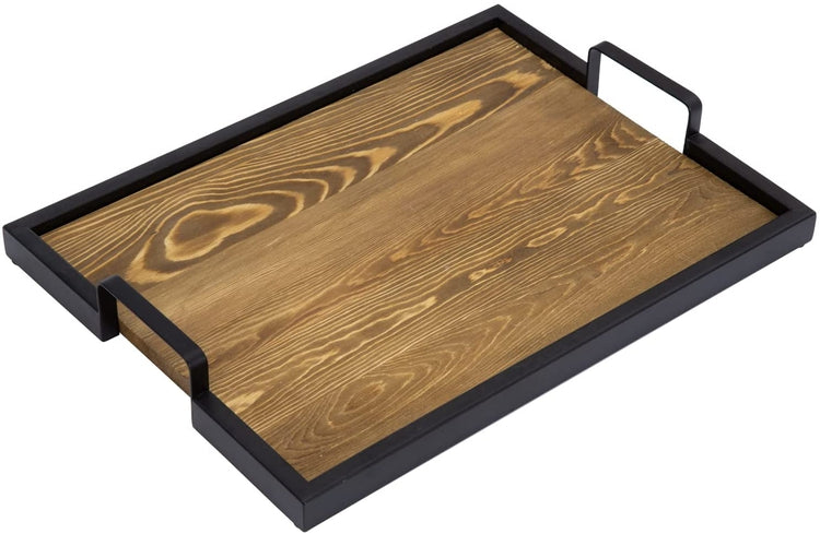 Burnt Wood Appetizer Serving Tray with Handles and Industrial Black Metal Frame-MyGift