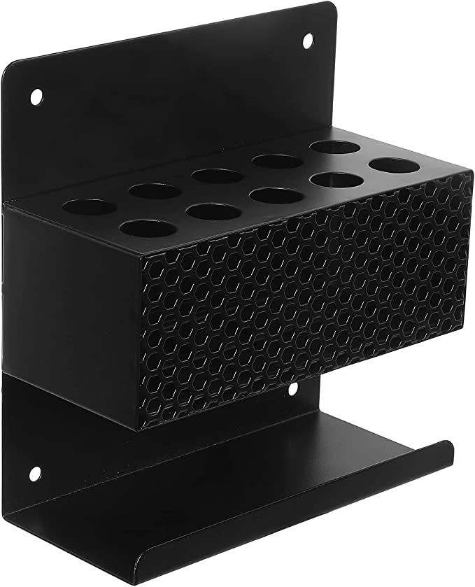10 Slot Wall Mount Black Metal Dry Erase Marker Holder, Honeycomb Style Perforated Front Panel Office Rack-MyGift