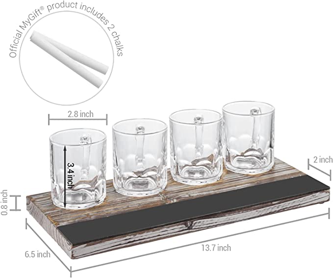 Torched Wood Beer Flight Board with 4 Beer Mugs and Erasable Chalkboard Label-MyGift