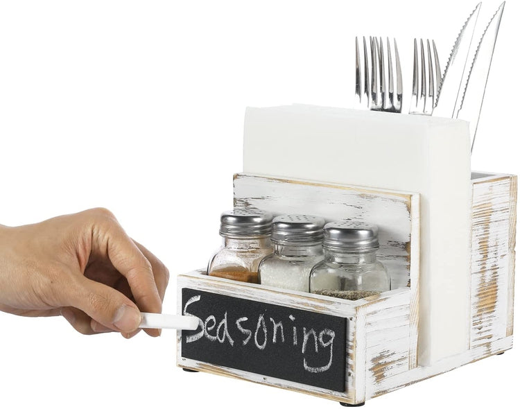 All-in-one Whitewashed Wood Condiment Serving Caddy with Napkin Holder, Utensil Organizer, 3 Salt & Pepper Shakers and Chalkboard Surface-MyGift