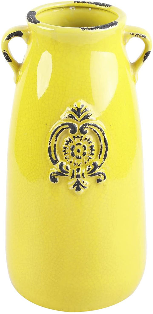 Farmhouse Decor Vintage Vase, Antique Yellow Milk Jug Style Ceramic Vase for Flowers-MyGift