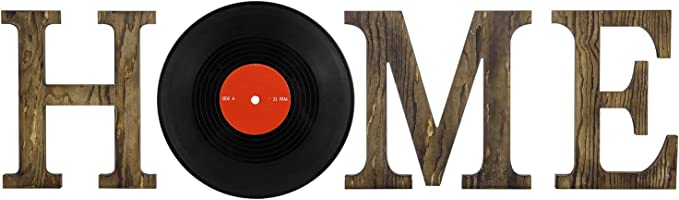 Dark Burnt Wood Wall Mounted Home Letter Sign with Vinyl Record Design-MyGift