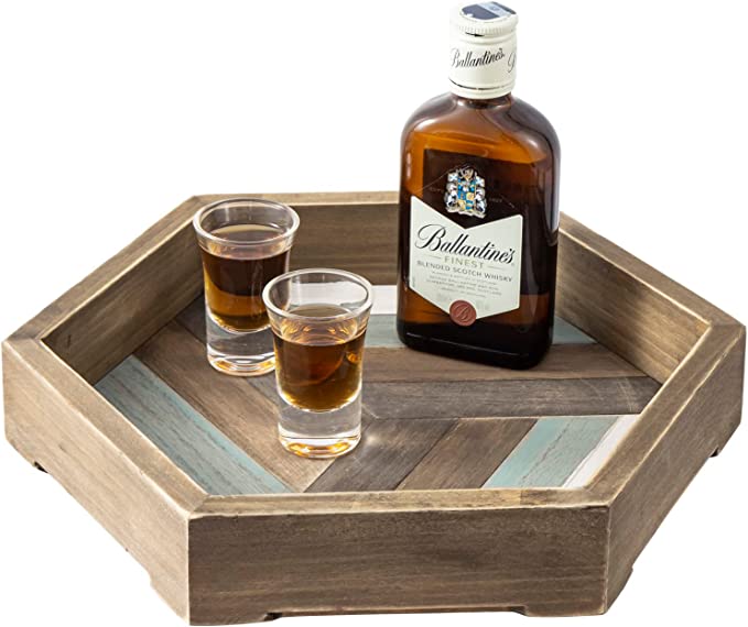 12-inch Hexagonal Burnt Wood Serving Tray with Multicolored Stripes-MyGift