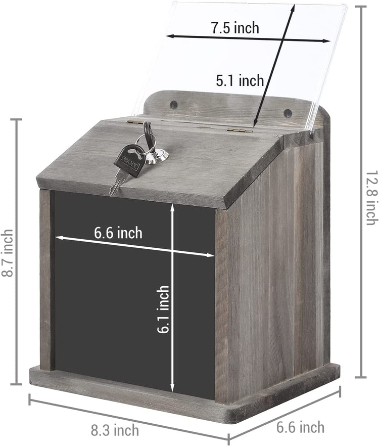 Weathered Gray Wood Lock Suggestion Box, Tip, Donation Box, Wall Mounted Locking Ballot Box, Clear Acrylic Sign Holder and Chalkboard-MyGift