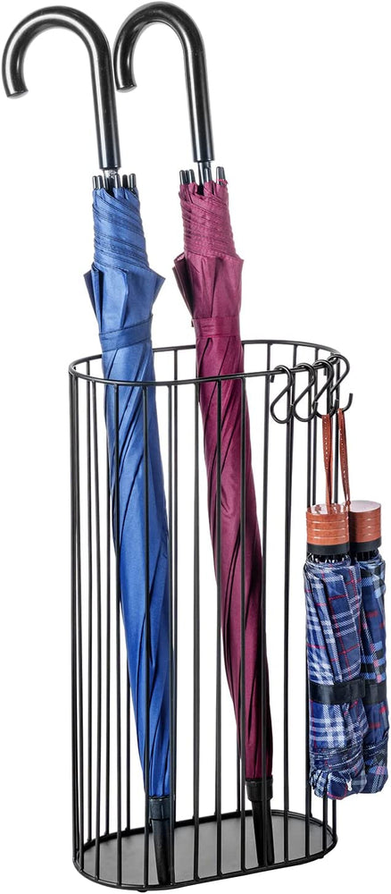 Matte Black Metal Umbrella Holder, Entryway Cane and Walking Stick Stand with S-Hooks for Travel Umbrellas-MyGift