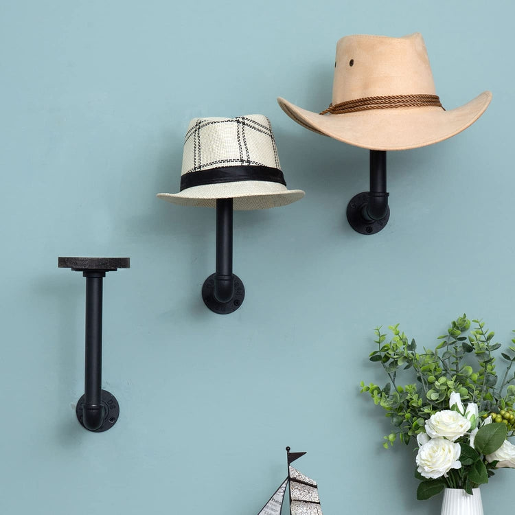 Set of 3, Wig Holder and Hat Rack for Wall Mounted, Hanging Hat Hooks with Industrial Black Metal Pipe and Gray Wood-MyGift