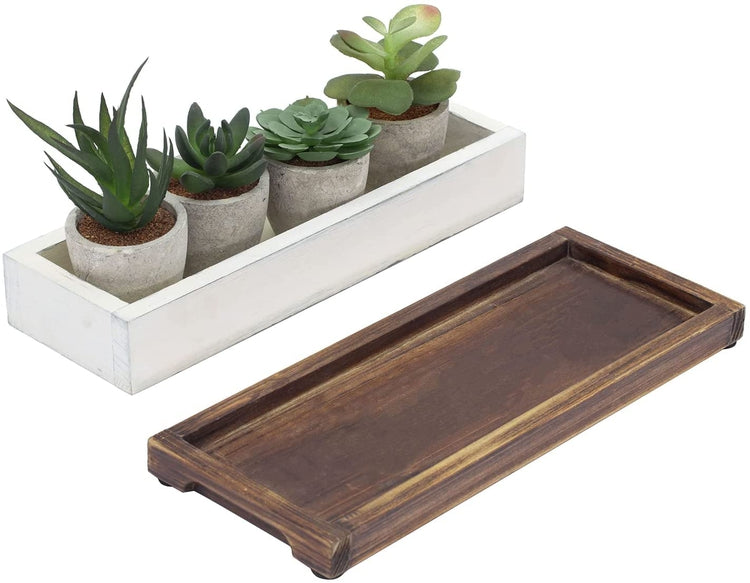 6 Piece Fake House Plants Mini Assorted Faux Succulents in Concrete Planter with White and Burnt Wood Plant Box and Tray-MyGift