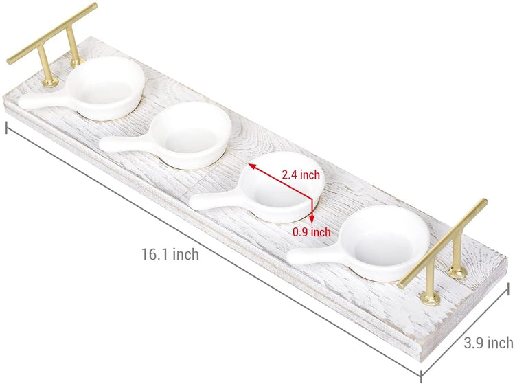 Whitewashed Wood Serving Tray with Brass Tone Handles and 4 Mini White Ceramic Handled Bowls for Dips, Sauces-MyGift