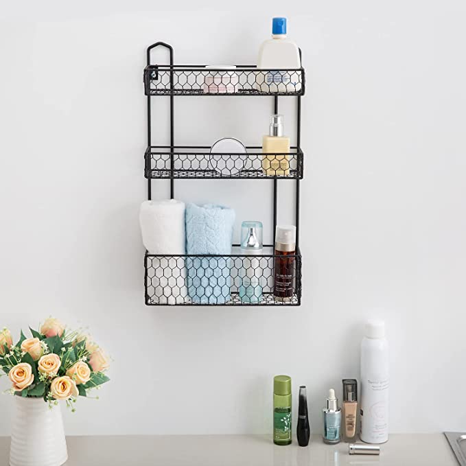 3 Tier Rustic Wall Mounted Black Metal Chicken Wire Bathroom Shelf Organizer-MyGift