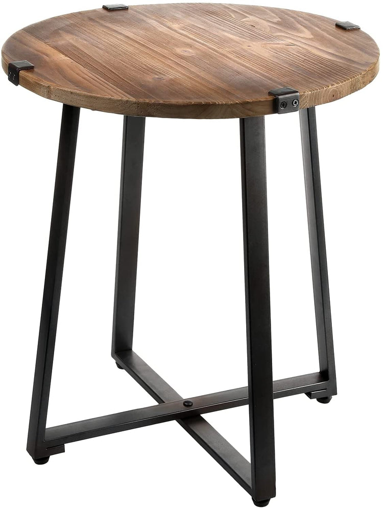 Rustic Brown Wood and Industrial Matte Black Metal Round Side End Table-MyGift