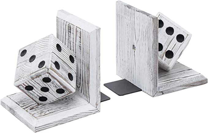 Vintage White Sturdy Book Stands, Decorative Bookends with Gaming Dice Sculpture, 1 Pair-MyGift