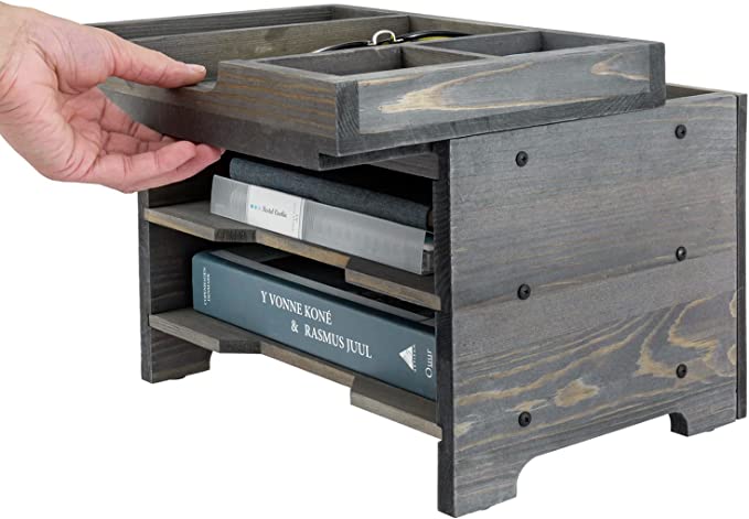 Gray Wood Desktop Paper Tray Document Organizer, Desk File Folder Holder Rack w/ 2 Compartments & Removable Office Supplies Tray-MyGift