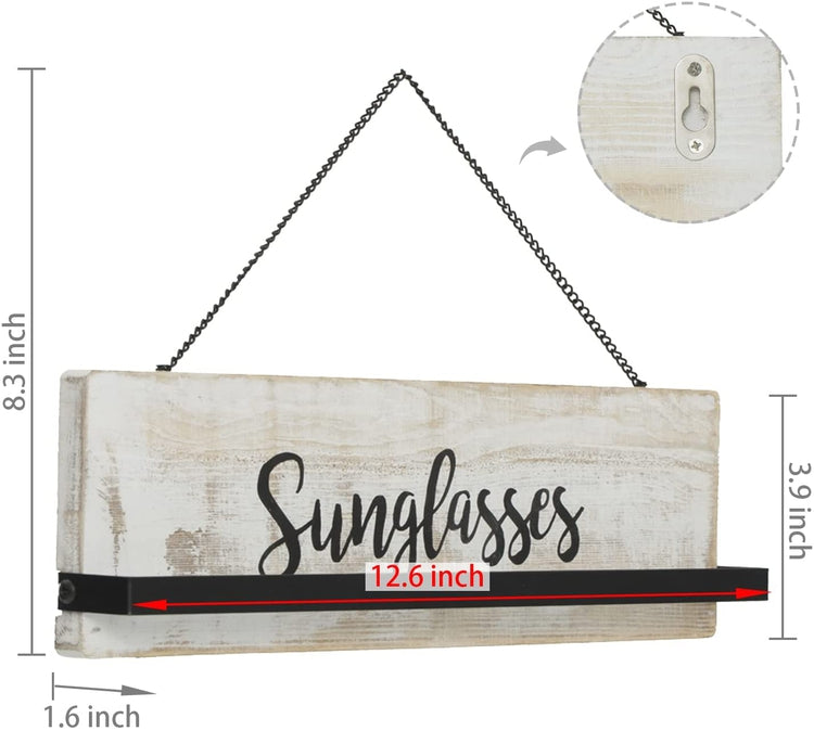 Set of 2, Whitewashed Wood Wall Mounted Sunglasses Holder Eyewear Hanging Display Rack with Cursive Sunglasses Lettering-MyGift