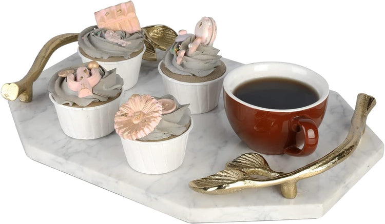 White Marble Tray with Brass Tone Leaf Shaped Handles, Elegant Decorative Tray Home Decoration-MyGift