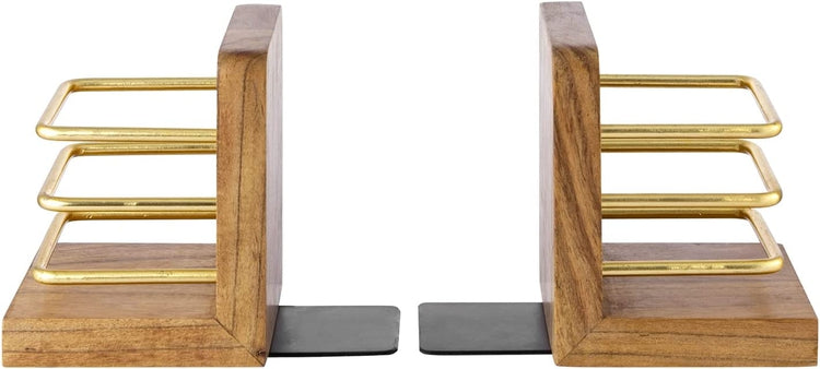 Handcrafted Acacia Wood Bookend Set with Brass Tone Metal Wire Holder Slot Storage for Pens, Pencils, Office Stationery-MyGift