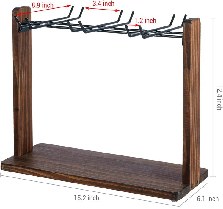 Brown Wood and Black Metal Wine Glass Holder, Drying Rack for Drinking Glasses, Goblets, Flutes-MyGift