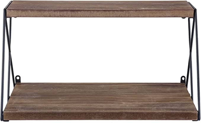 Wall Mounted 2 Tier Burnt Wood Floating Display Shelf with Matte Black Metal Wire Side Brackets-MyGift