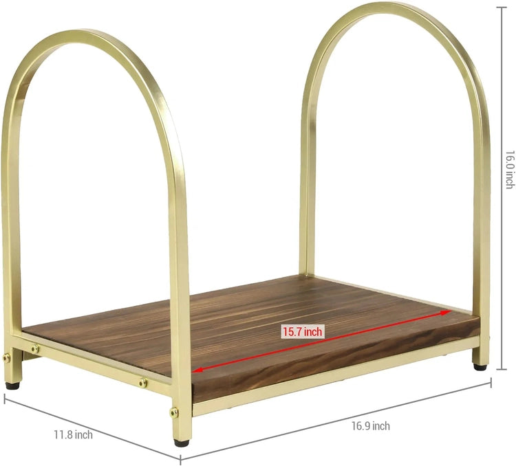 Firewood Rack Fireplace Log Holder, Modern Brass Tone Metal and Burnt Solid Wood Freestanding Stacking Lumber Stand-MyGift