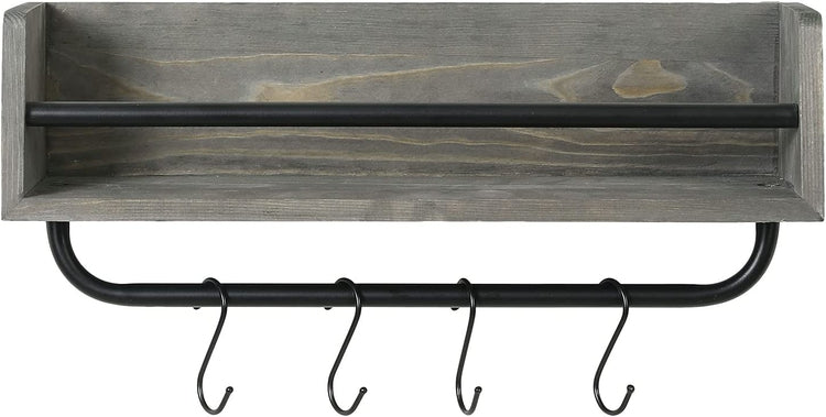 Gray Wood Wall Mounted Floating Display Shelf with Black Metal Hanger Holder Bar with 4 Utility Hooks-MyGift