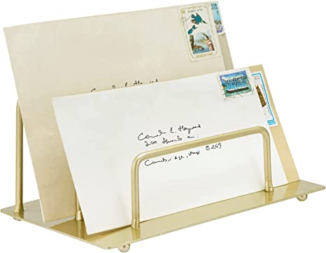 Modern Brass Tone Metal Mail Holder Countertop Organizer, 2-Slot Desktop Mail Sorter, Document Storage Rack-MyGift