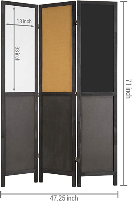Room Divider Privacy Screen with Double-Sided Chalkboard Whiteboard and Cork Bulletin Board, 3 Panel Black Wood Room Divider-MyGift