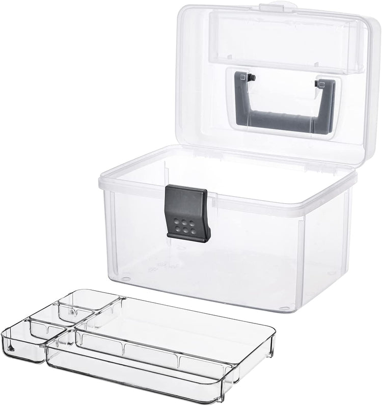 Clear Craft and Sewing Supplies Bin with Detachable Tray and Top Lid Flap,  Arts & Crafts Container Organizer Box