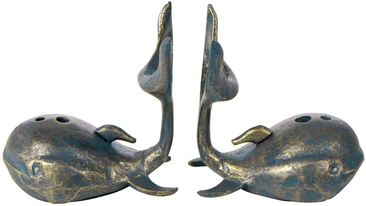 Whale Shaped Bookends, Decorative Oxidized Cast Iron Nautical Ocean Animal Sculpture Design Book Holder-MyGift