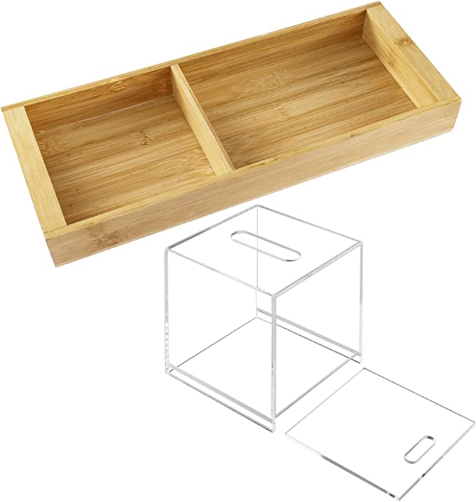 Bamboo Vanity Toilet Tank Display Storage Tray with Clear Acrylic Square Tissue Box Cover and Cutout Handles-MyGift